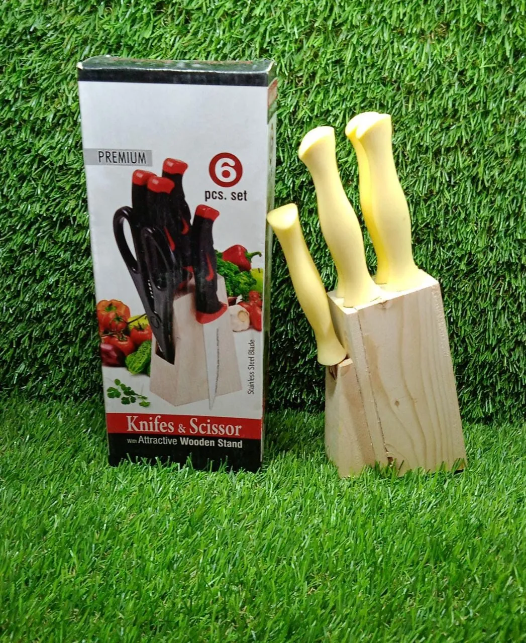 0102A Stainless Steel Kitchen Knife Set with Wooden Stand & Scissor Vegetable & Meat Cutting