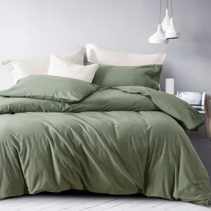 100% Washed Cotton Duvet Cover Set Solid Green, 3 Pieces Luxury Soft Sage Gree