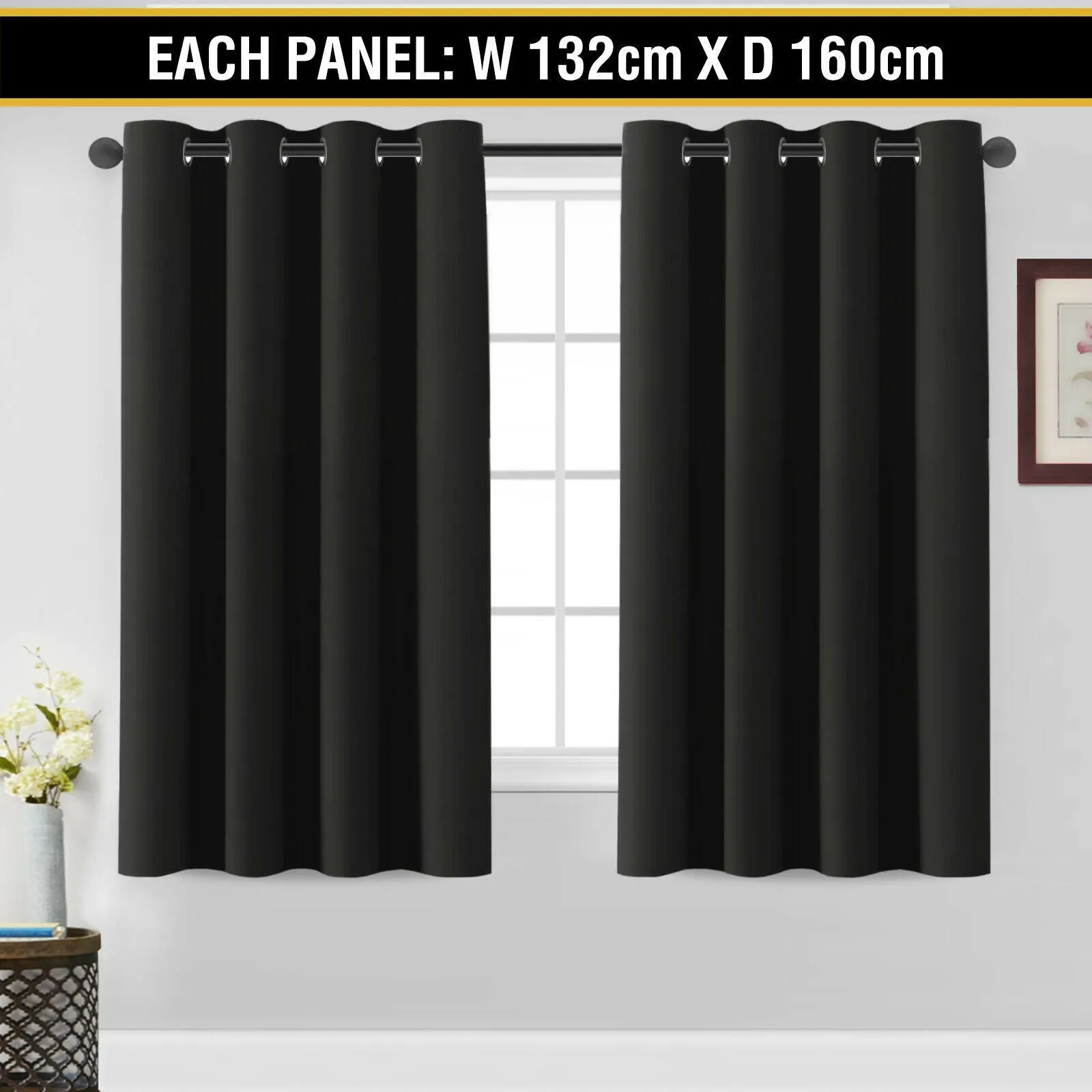 2 x Blockout Curtains Blackout Bedroom Curtain Draperies Eyelet ,Black