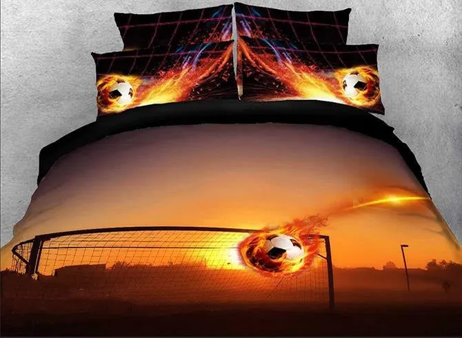 3D Fiery Soccer Ball and Goal Printed Cotton Luxury 4-Piece Bedding Sets