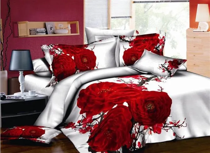 3D Red Blossoms Printed Cotton Luxury 4-Piece White Bedding Sets/Duvet Covers