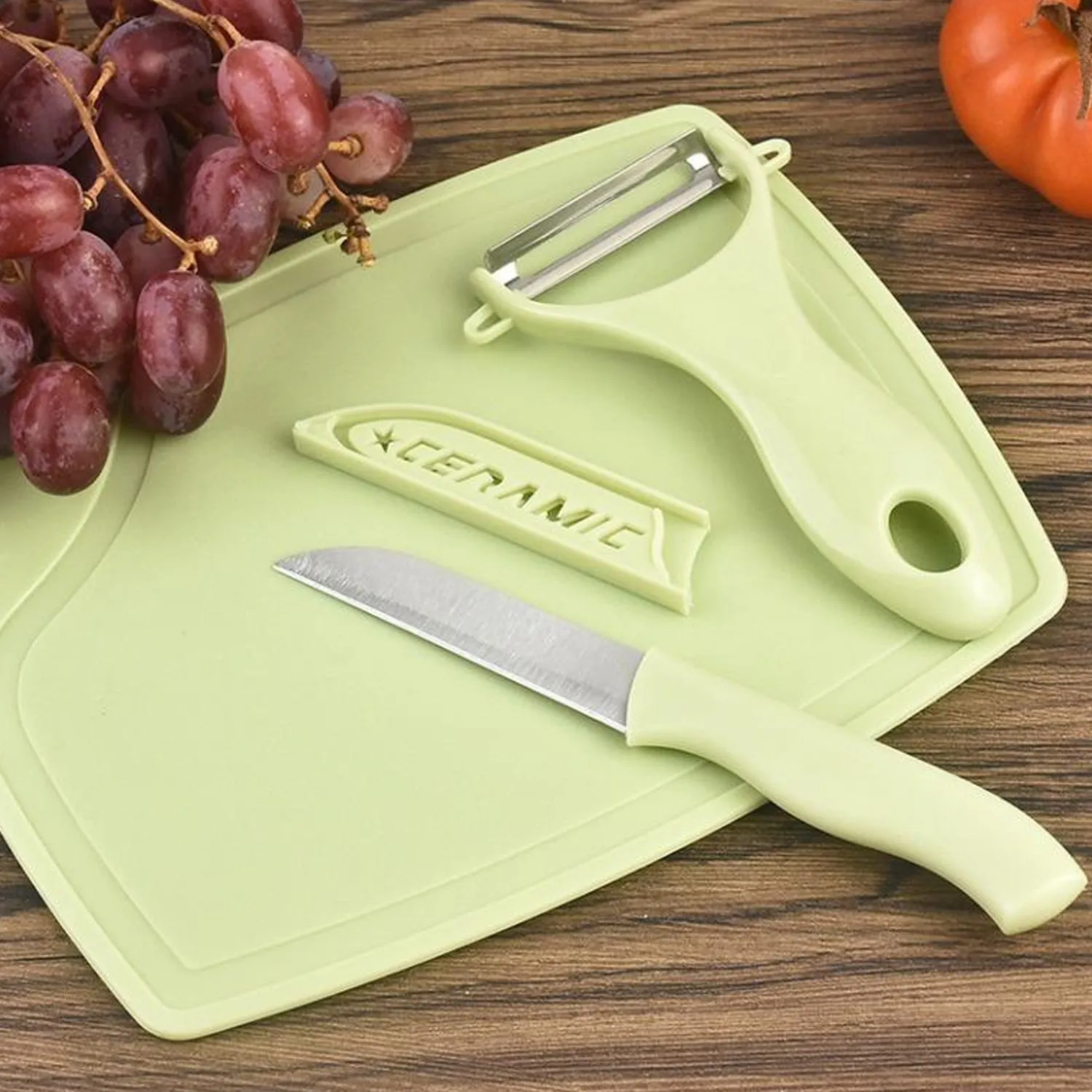 5207 Plastic Kitchen Peeler - Green & Classic Stainless Steel 3-Piece Knife Set Combo