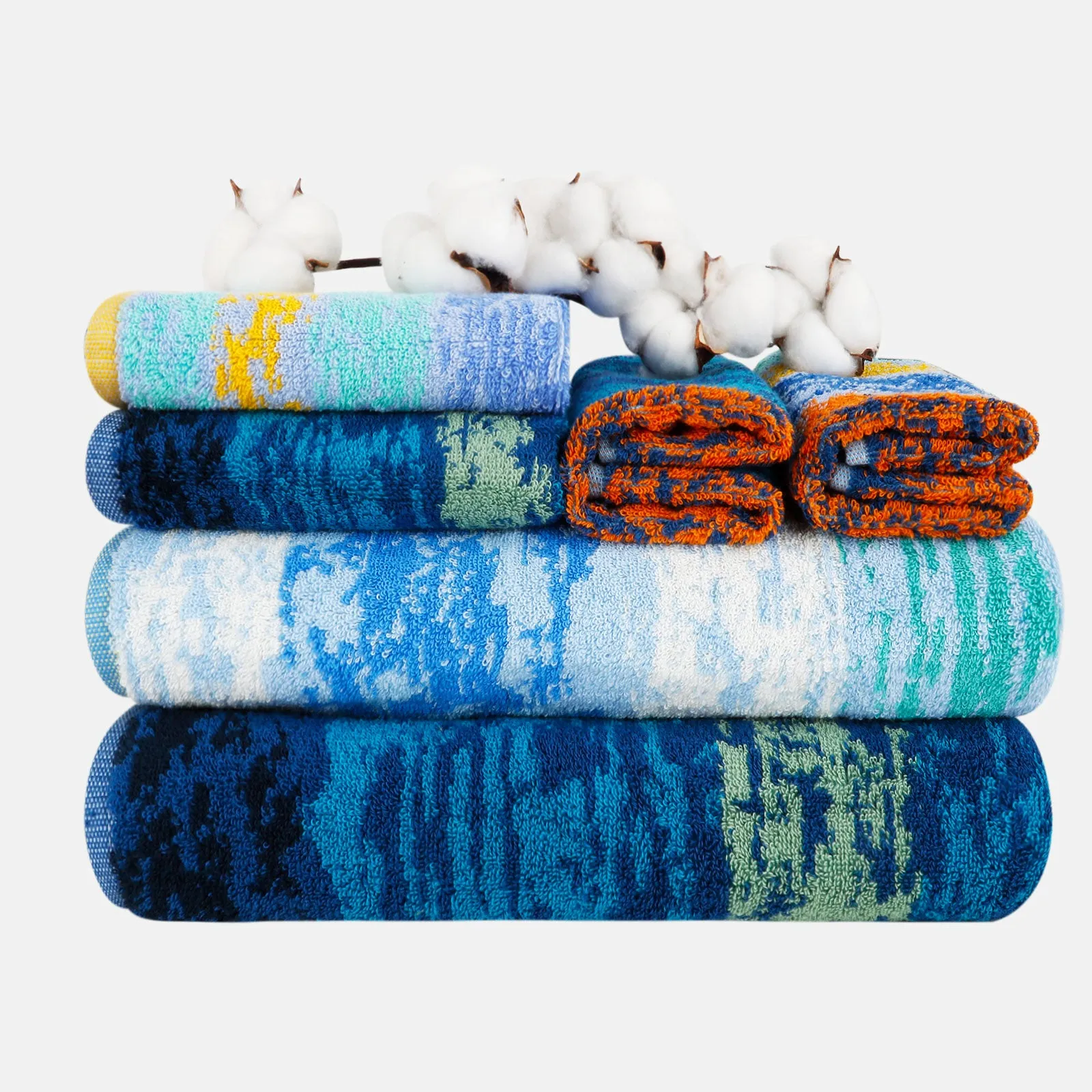 6-piece Combed Cotton Bath Towel Set with Artistic Pattern, Hanging Loop & Lifecycle Label