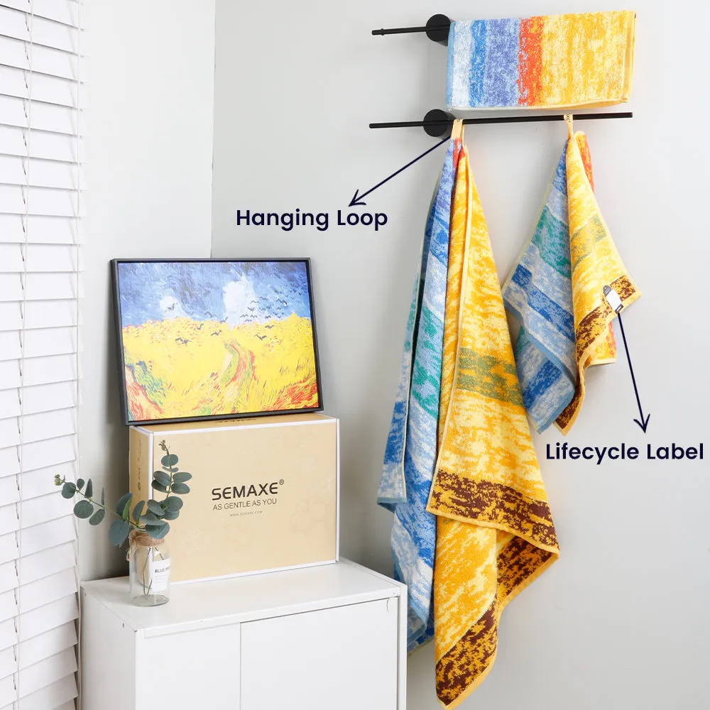 6-piece Combed Cotton Bath Towel Set with Artistic Pattern, Hanging Loop & Lifecycle Label