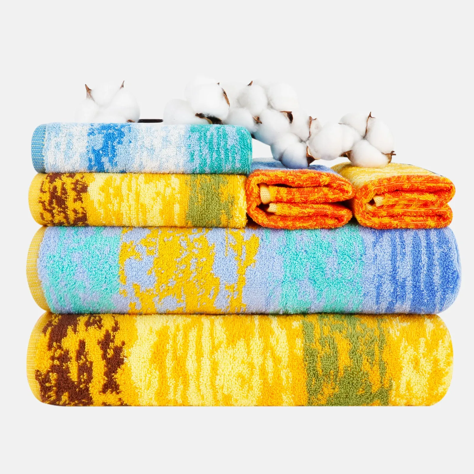 6-piece Combed Cotton Bath Towel Set with Artistic Pattern, Hanging Loop & Lifecycle Label