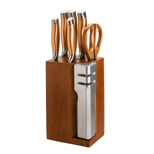 7pc Knife Block Set w/ Detachable Sharpener Copper & Stainless Steel