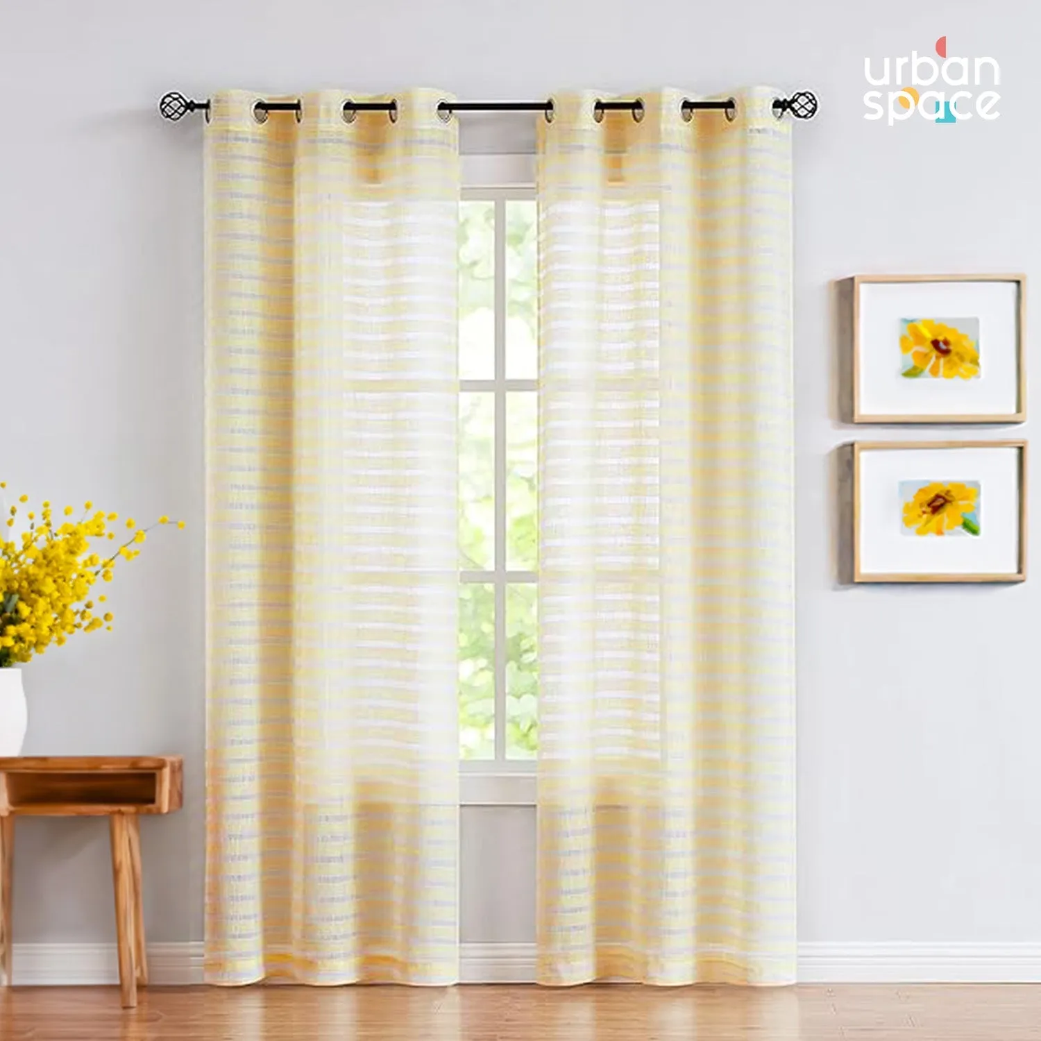 Aari Collection Embriodered Sheer Curtains, 35-40 % Light Filtering Curtains - Pack of 2 - Horizontal Weaves Yellow