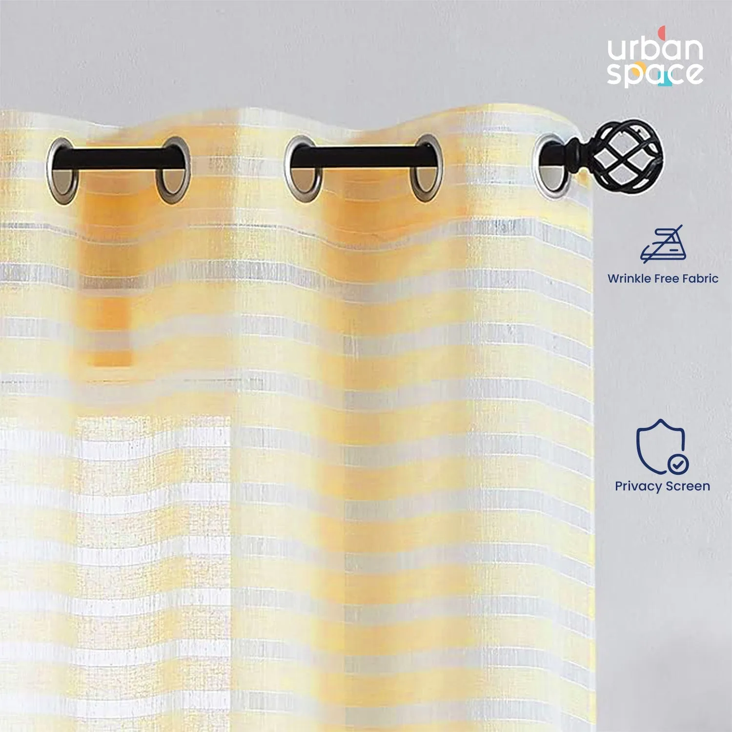 Aari Collection Embriodered Sheer Curtains, 35-40 % Light Filtering Curtains - Pack of 2 - Horizontal Weaves Yellow