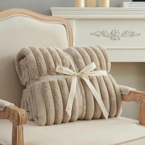 Amélie Home Soft Faux Fur Throw Blanket for Couch, Warm Luxurious Faux Rabbit Fur Striped Throw Blanket, Cozy Fluffy Plush Fur Blanket for Sofa Chair Bed Living Room, Beige, 50"x 70"