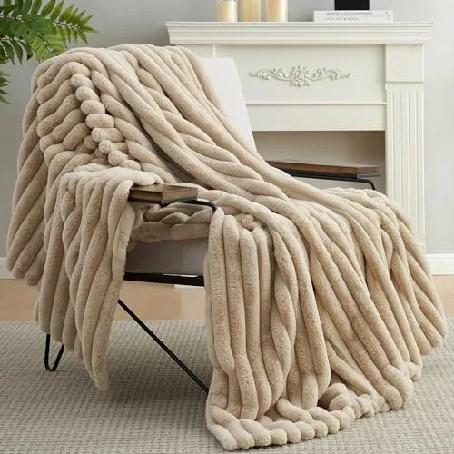 Amélie Home Soft Faux Fur Throw Blanket for Couch, Warm Luxurious Faux Rabbit Fur Striped Throw Blanket, Cozy Fluffy Plush Fur Blanket for Sofa Chair Bed Living Room, Beige, 50"x 70"