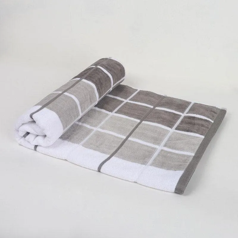 Aqua Checkmate Bath Towel (Beige & Grey) - Set Of Two