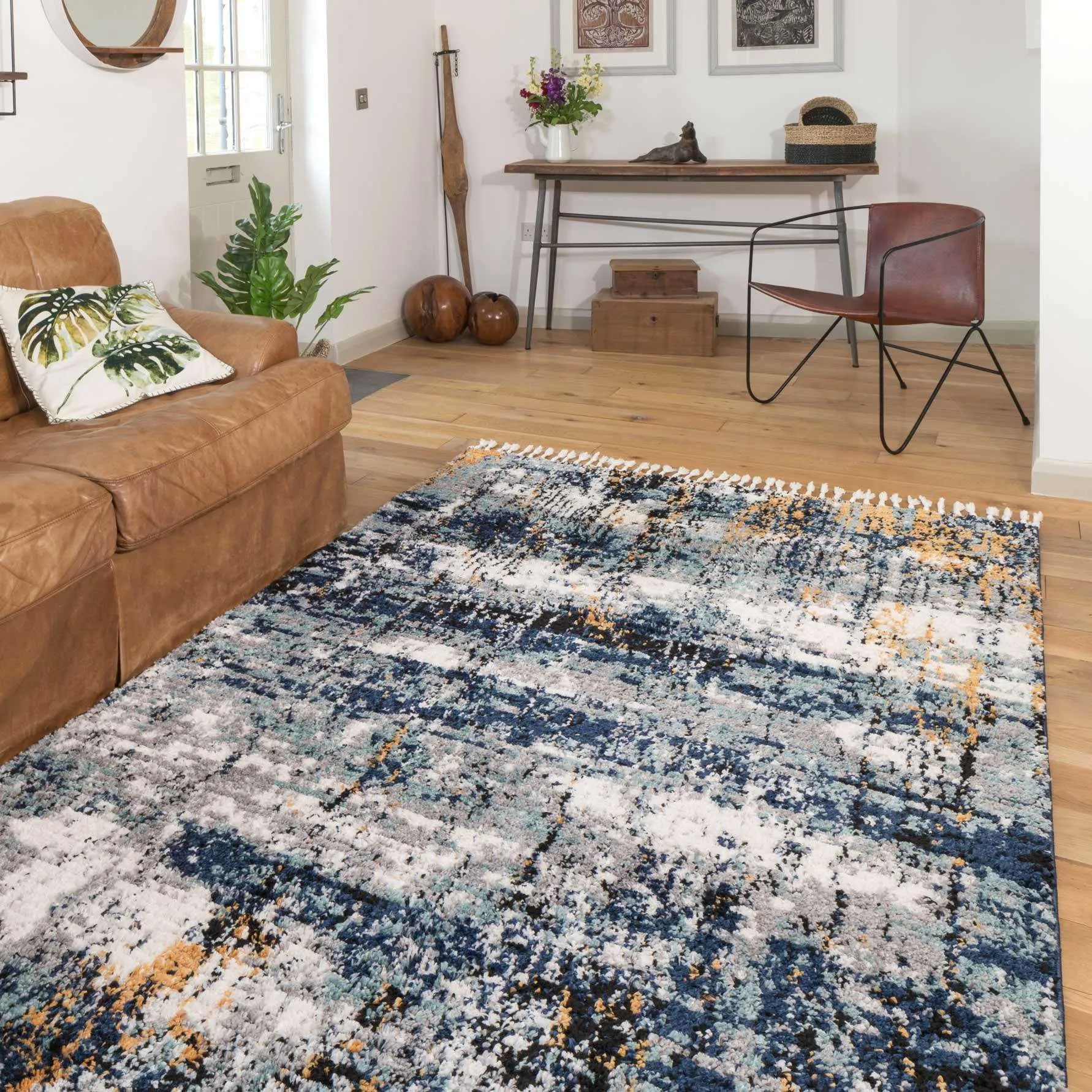 Blue Artwork Distressed Colourful Living Room Rugs