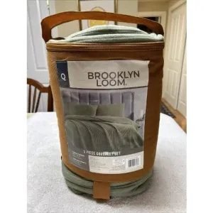 Brooklyn Loom 3 Pcs Coverlet Set - Green - Ribbed Comforter Blanket - Queen Size