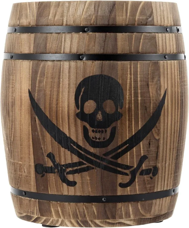 Burnt Wood Pirates Rum Cask Utensil Crock, French Wine Barrel Cooking Tool Holder with Skull and Cutlass Sword Design