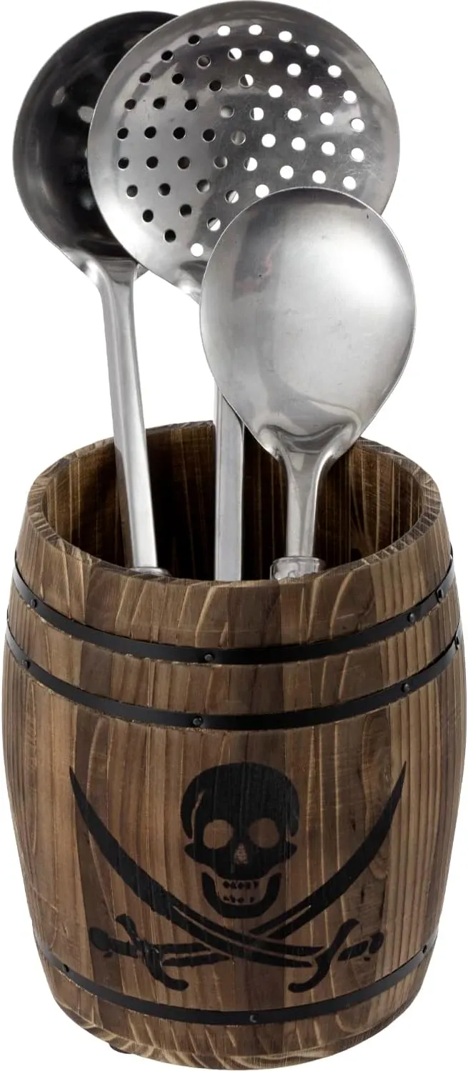 Burnt Wood Pirates Rum Cask Utensil Crock, French Wine Barrel Cooking Tool Holder with Skull and Cutlass Sword Design