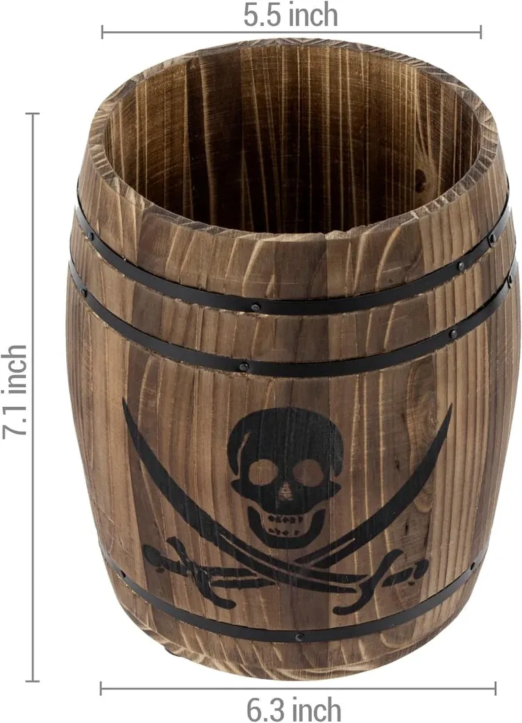 Burnt Wood Pirates Rum Cask Utensil Crock, French Wine Barrel Cooking Tool Holder with Skull and Cutlass Sword Design