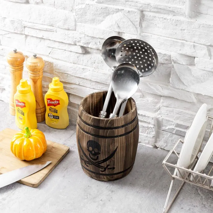 Burnt Wood Pirates Rum Cask Utensil Crock, French Wine Barrel Cooking Tool Holder with Skull and Cutlass Sword Design