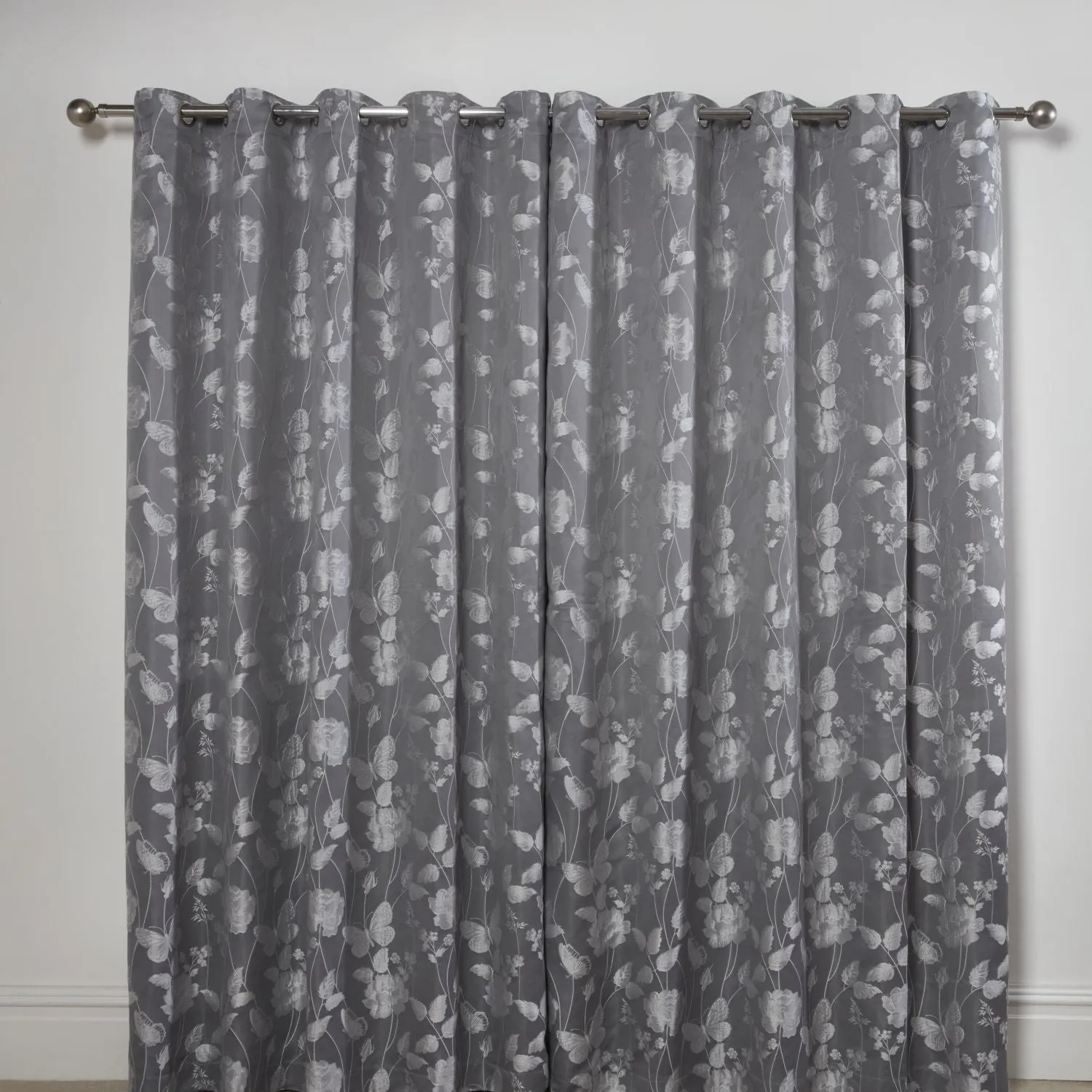 Butterfly Meadow Silver Grey Lined Eyelet Jacquard Curtains