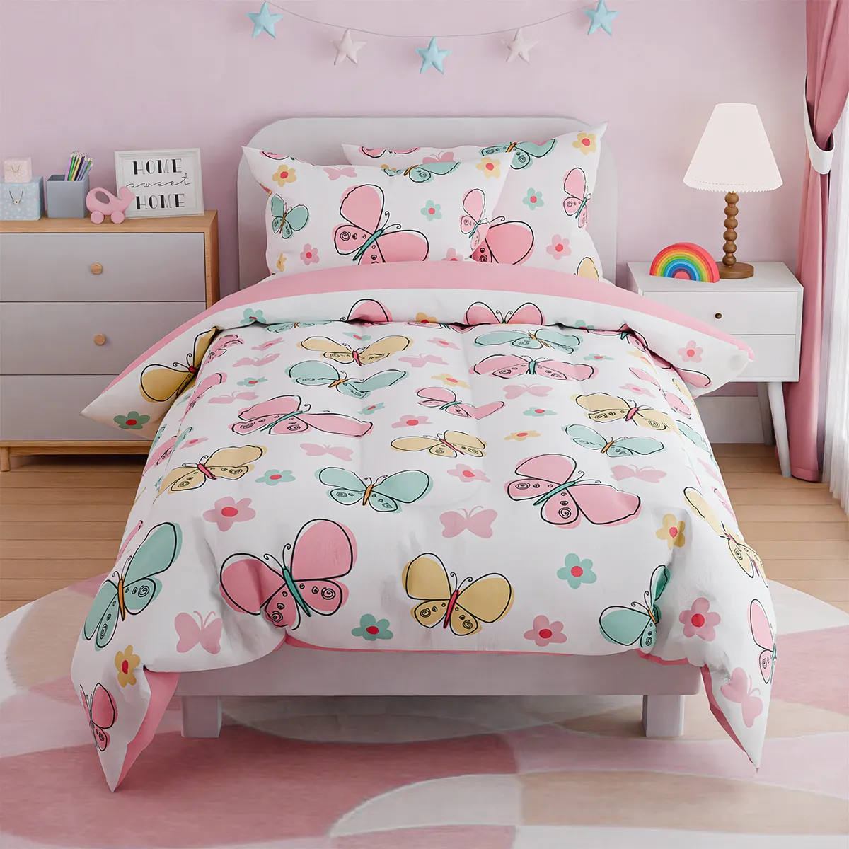 Butterfly Twin Bedding Sets for Girls, Ultra Soft Microfiber Comforter Set with 3-Pieces, Bed Sets for Kid Tween Teen Bedroom Decor