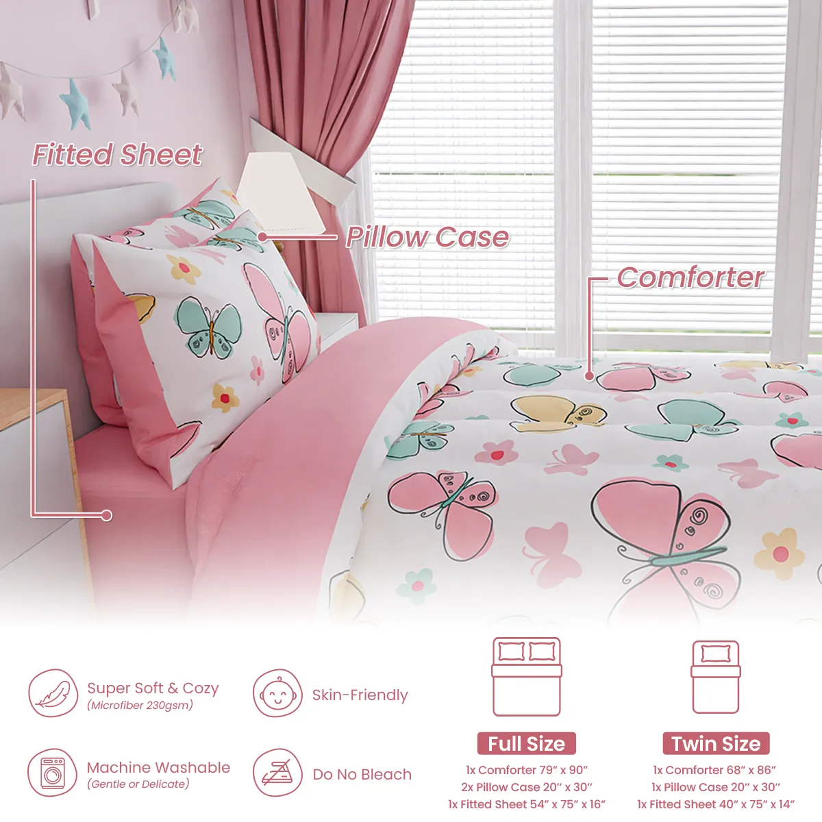 Butterfly Twin Bedding Sets for Girls, Ultra Soft Microfiber Comforter Set with 3-Pieces, Bed Sets for Kid Tween Teen Bedroom Decor