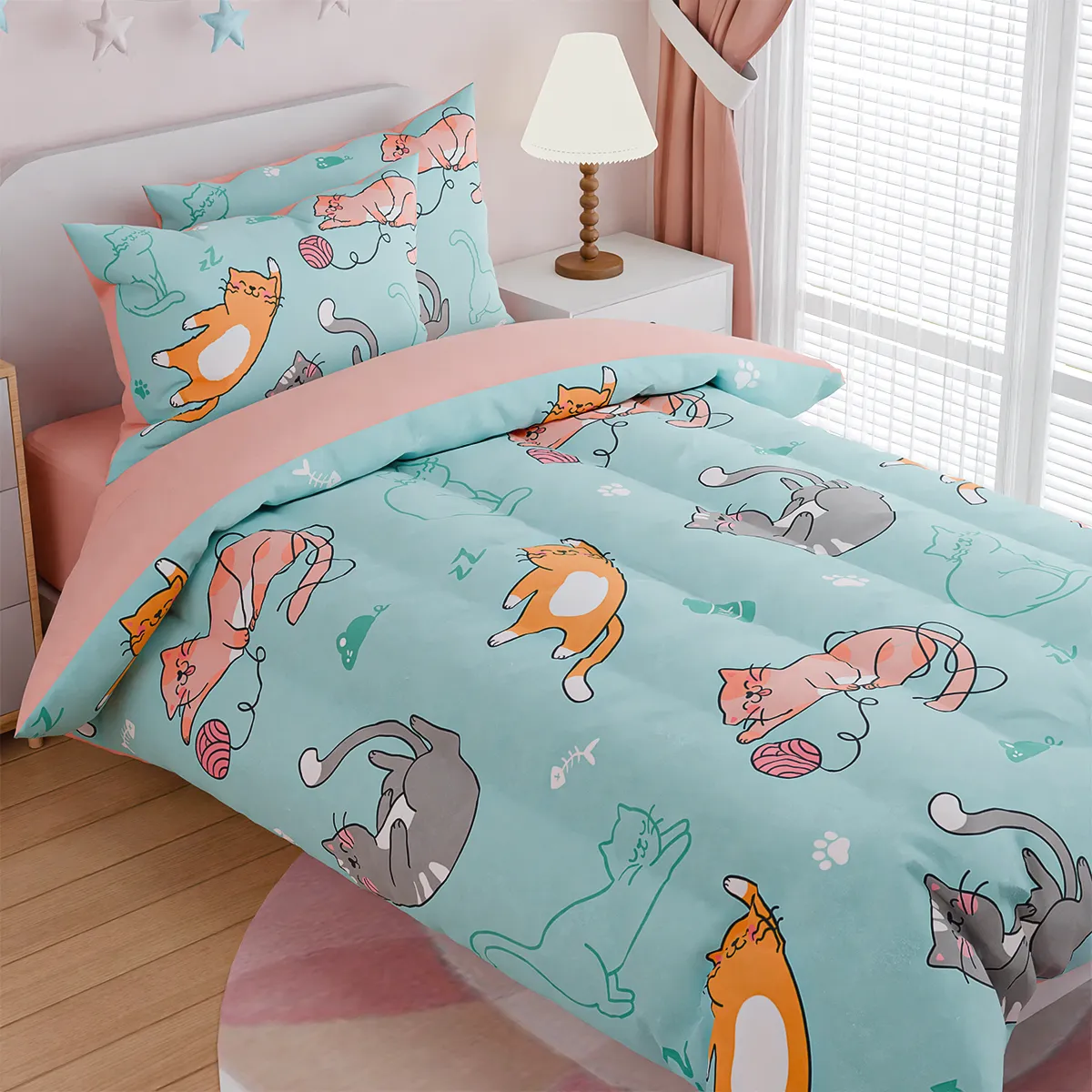 Cat Comforter Set Twin for Girls, Ultra Soft Microfiber Bedding Sets with 3-Pieces, Cats Comforters Bed Sets for Kids Children Girl Bedroom Decor