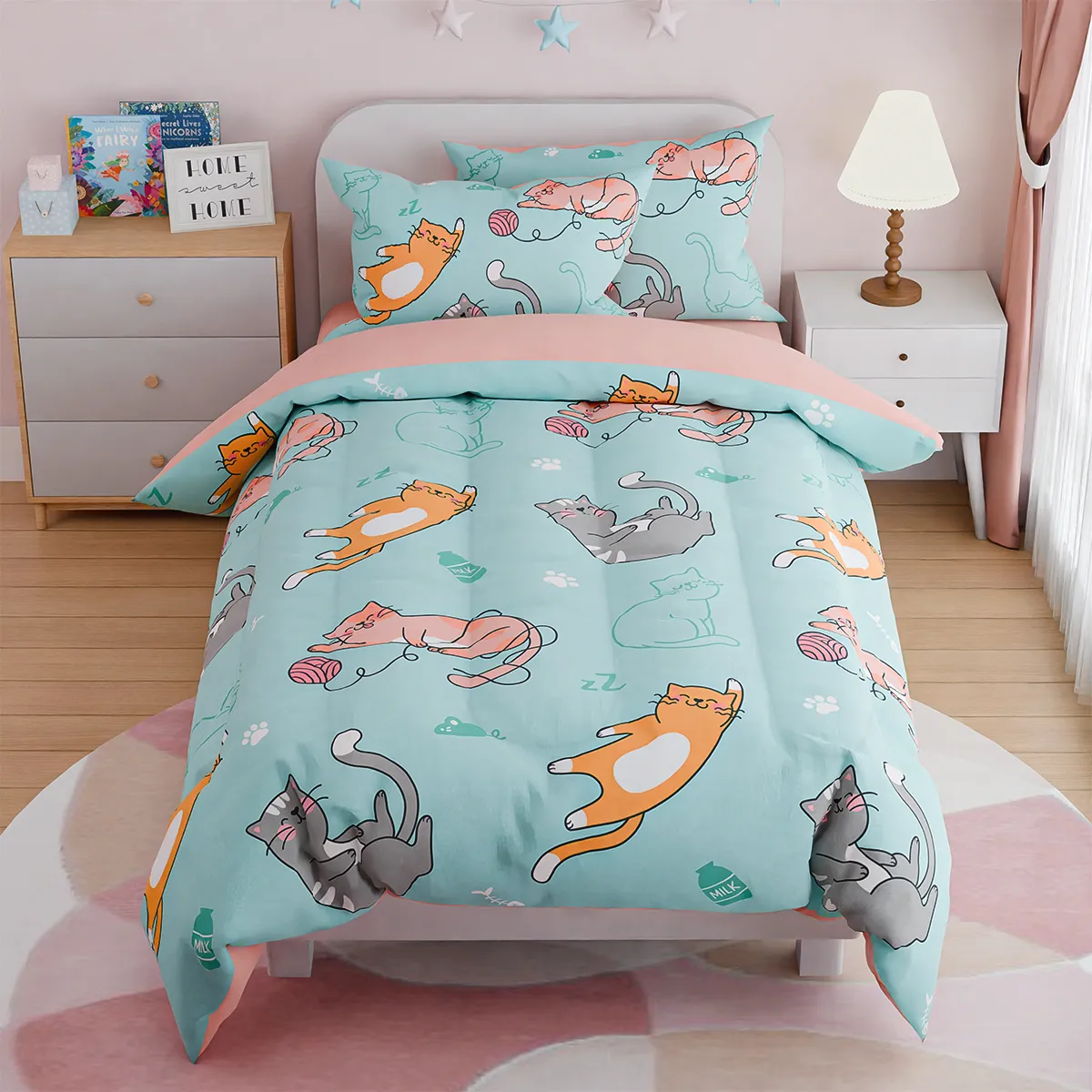 Cat Comforter Set Twin for Girls, Ultra Soft Microfiber Bedding Sets with 3-Pieces, Cats Comforters Bed Sets for Kids Children Girl Bedroom Decor