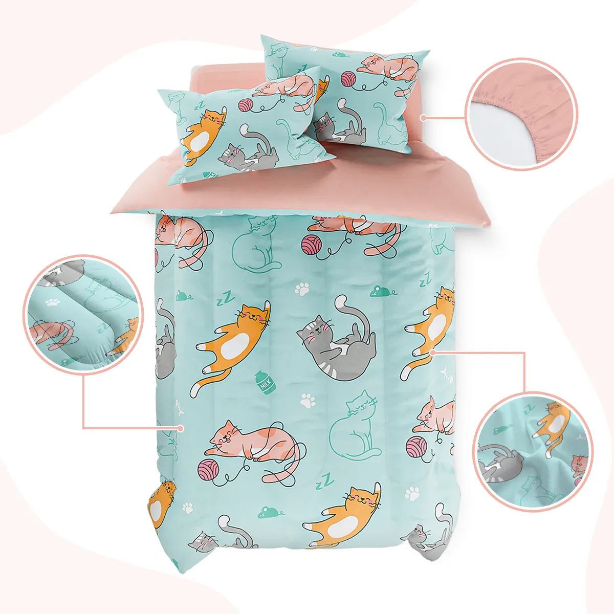 Cat Comforter Set Twin for Girls, Ultra Soft Microfiber Bedding Sets with 3-Pieces, Cats Comforters Bed Sets for Kids Children Girl Bedroom Decor