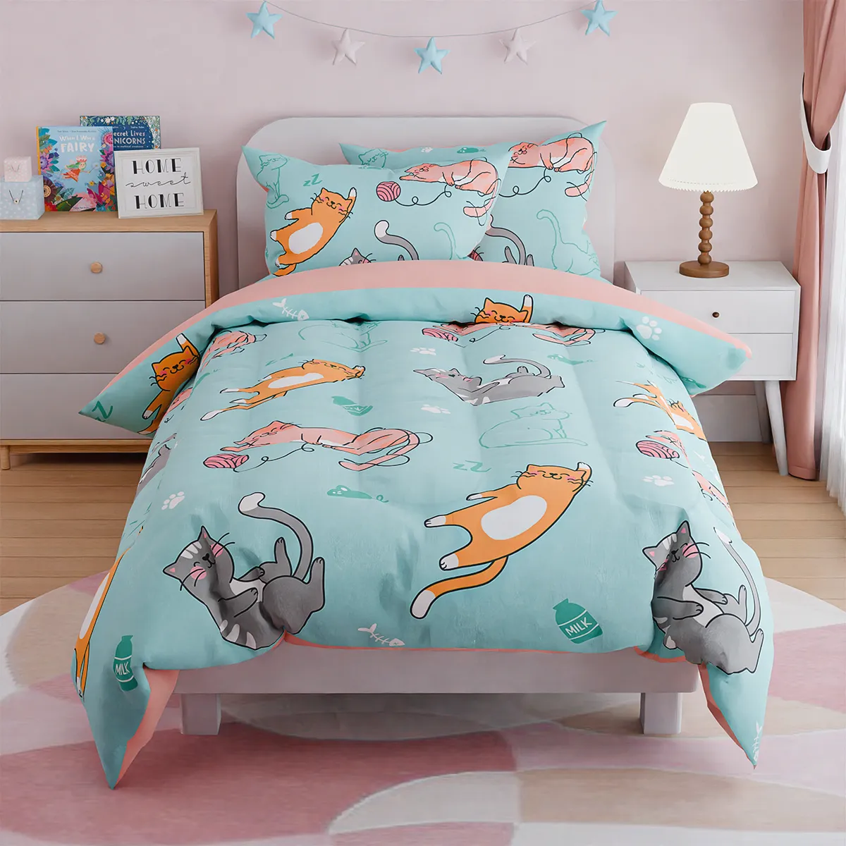 Cat Comforter Set Twin for Girls, Ultra Soft Microfiber Bedding Sets with 3-Pieces, Cats Comforters Bed Sets for Kids Children Girl Bedroom Decor