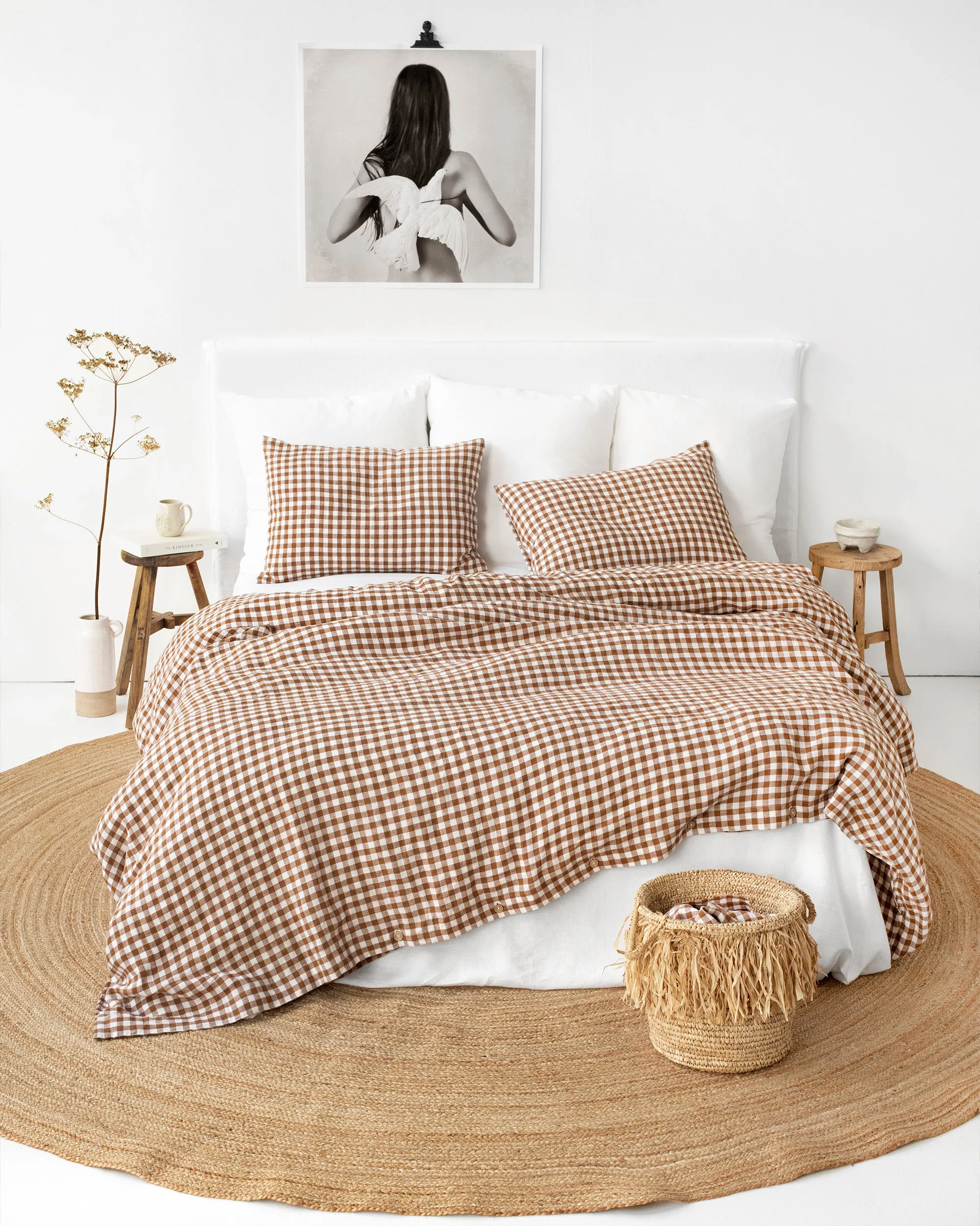 Cinnamon gingham linen duvet cover