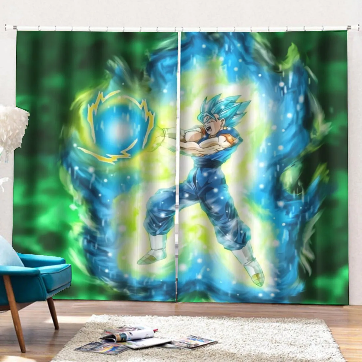 DBZ Goku Super Saiyan Blue SSGSS Kamehameha Power Attack Curtains with Hooks