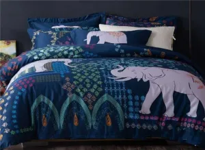 Designer Brocade Pretty Exotic Elephants Printed Dark Blue Luxury 4-Piece Cotton Bedding Sets