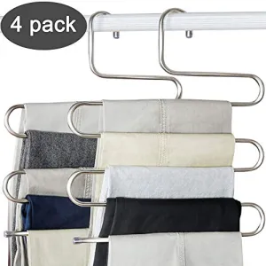 devesanter Pants Hangers S-Shape Trousers Hangers Stainless Steel Clothes Hangers Closet Space Saving for Pants Jeans Scarf Hanging Silver (4 Pack with 10 Clips)