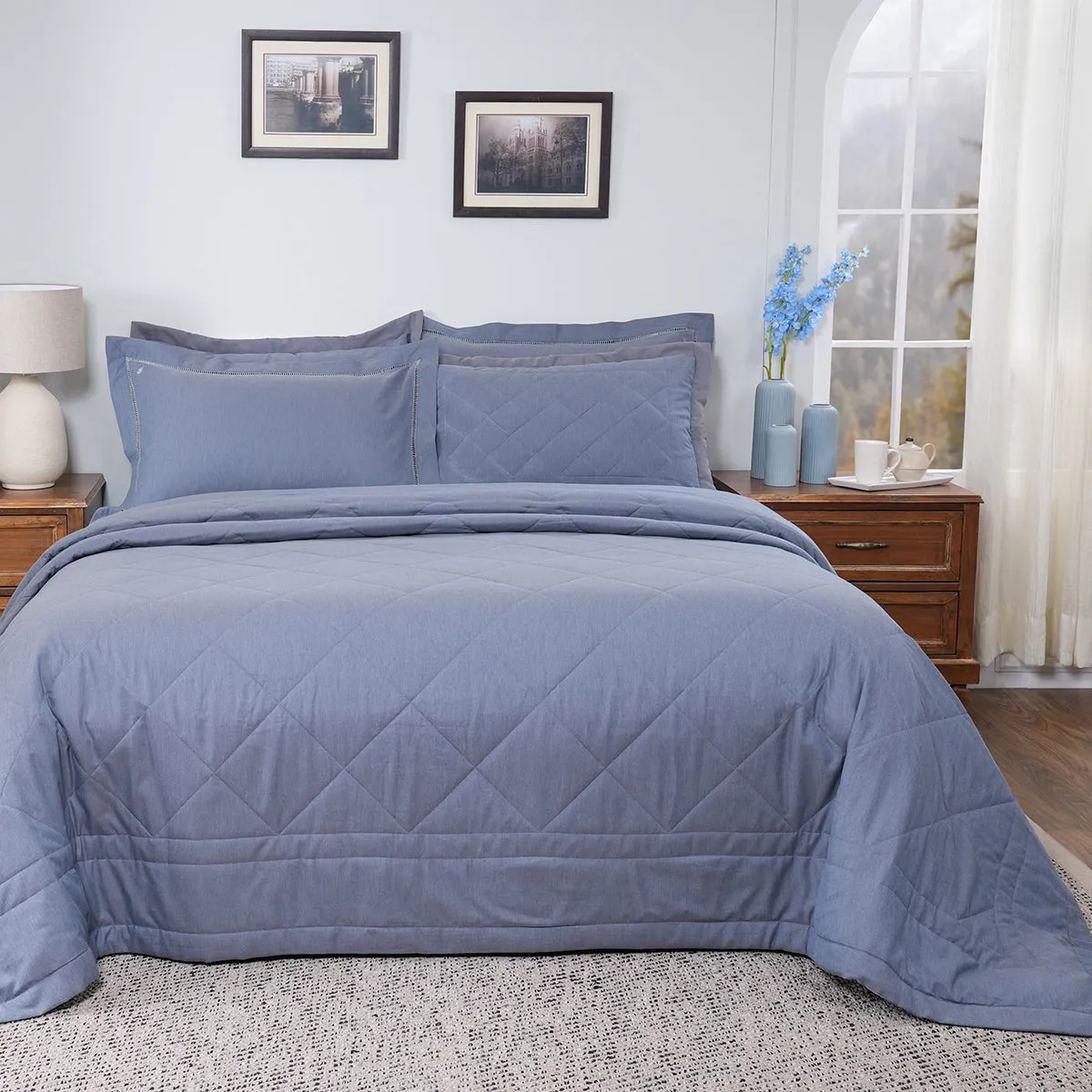 Emmie 100% Natural Cotton Filling Light Weight Winter Quilt / Quilted Bed Cover Blue