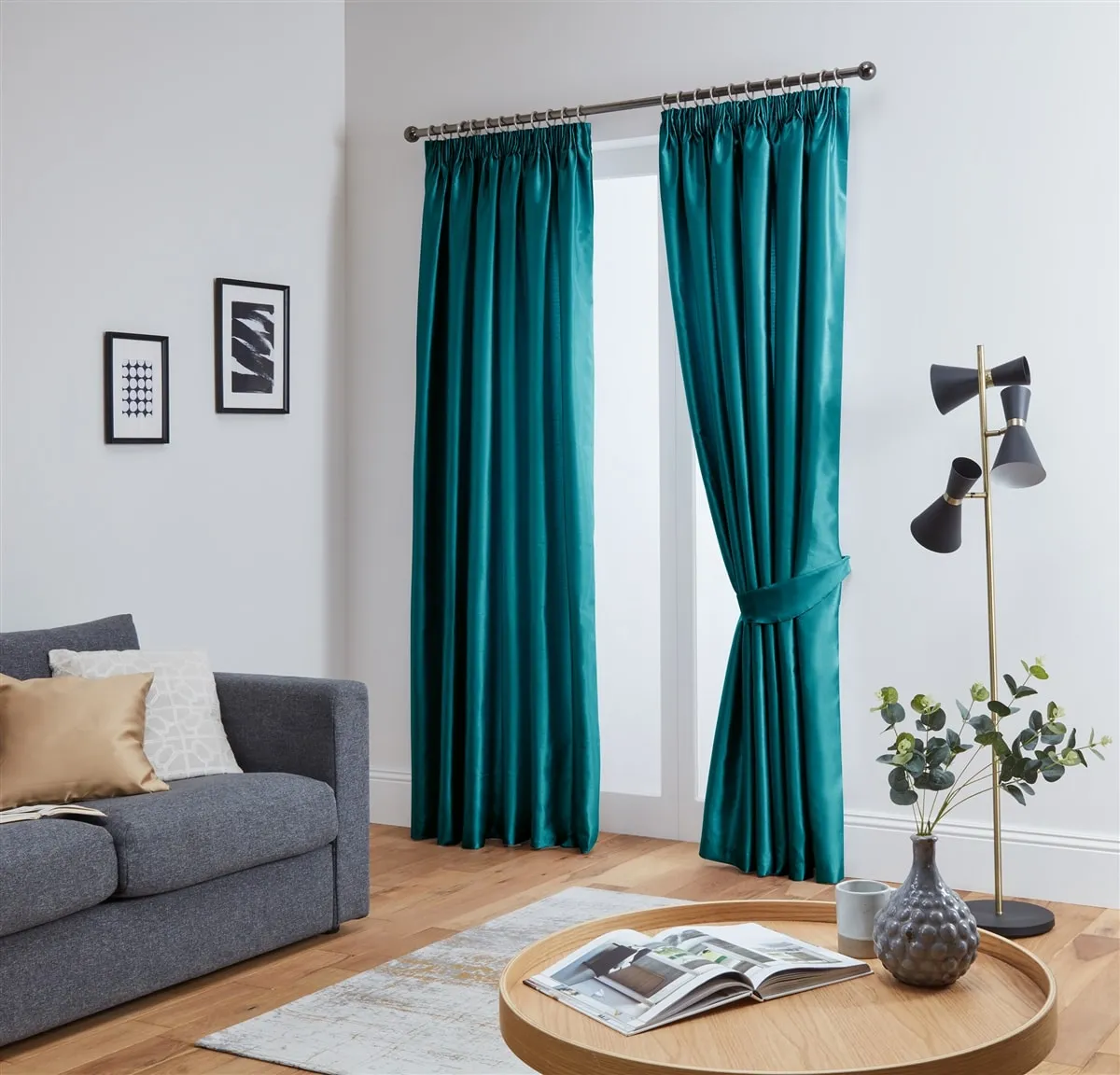 Faux Silk Tape Top Fully Lined Curtains (Teal)