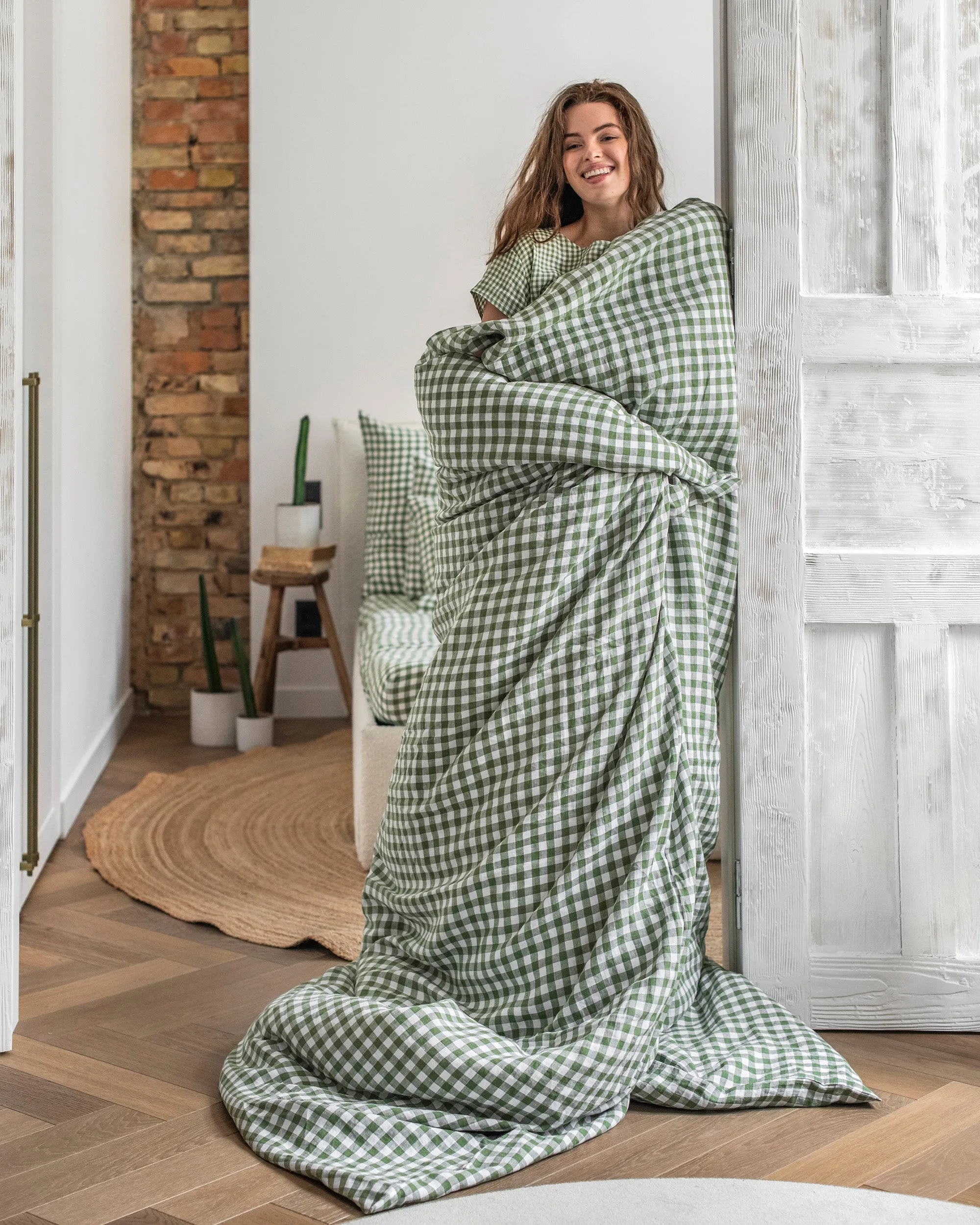 Forest green gingham linen duvet cover