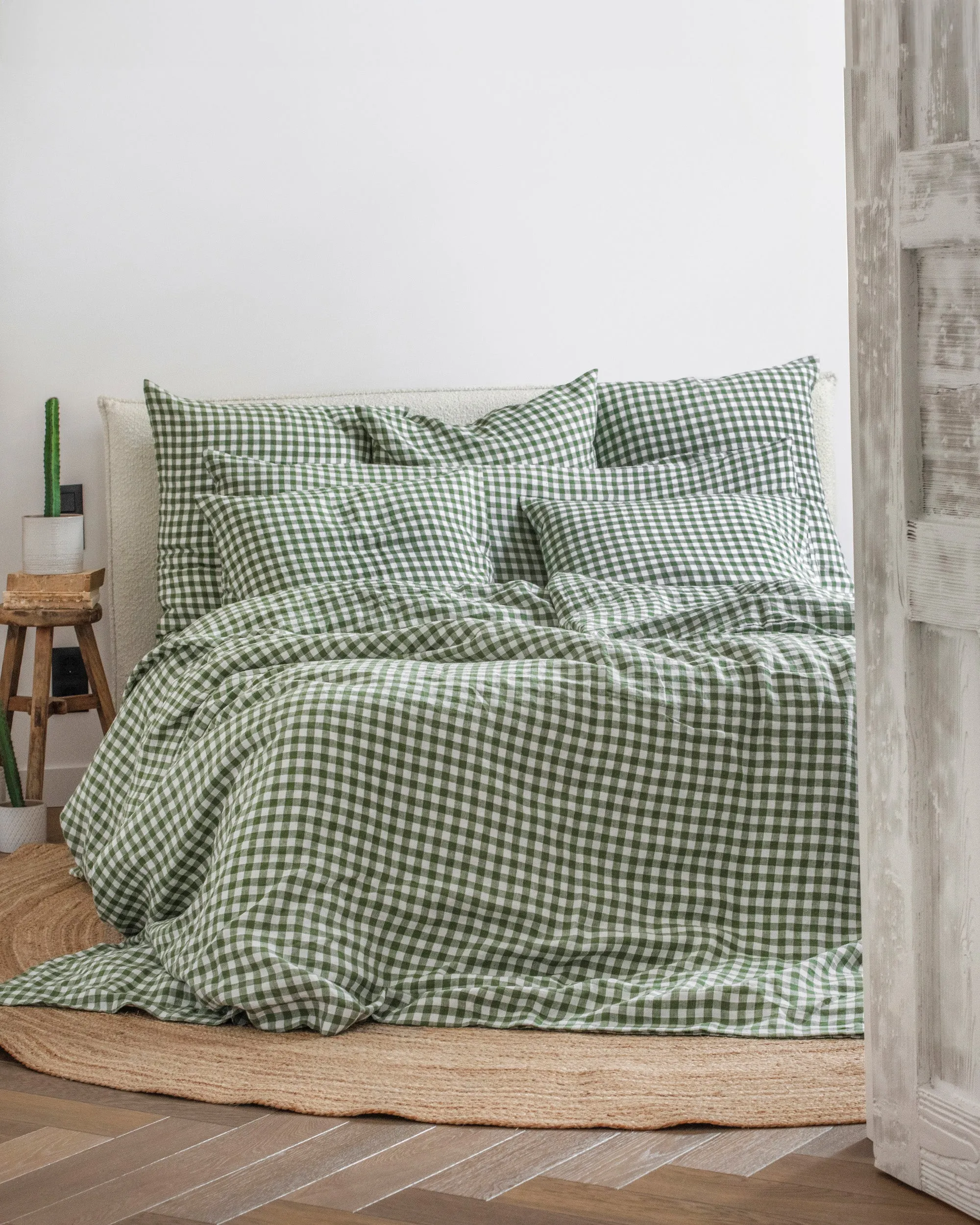 Forest green gingham linen duvet cover