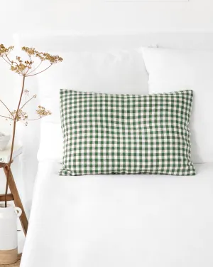 Forest green gingham linen pillowcase