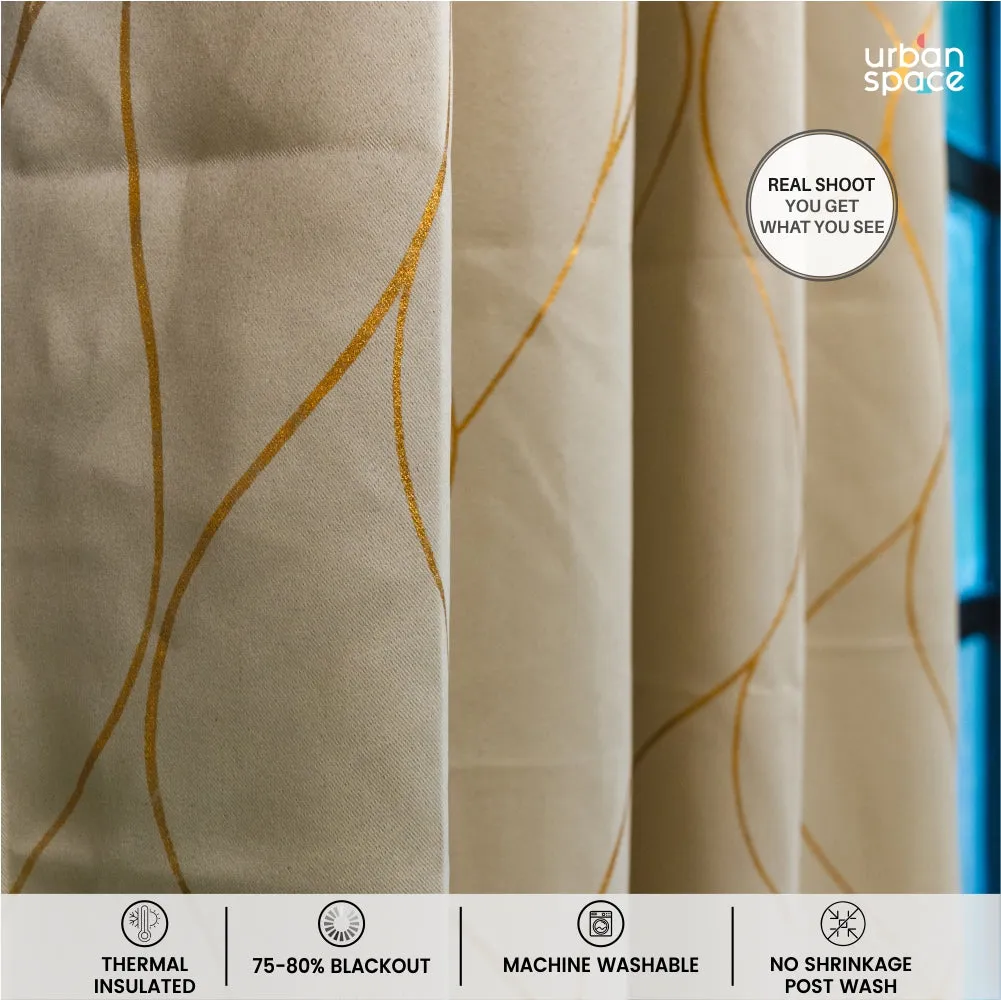 Gold Foil Printed 80-85% Blackout Curtains - Pack of 1 Curtain - Wave - Beige