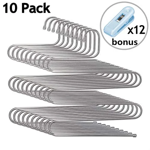 HOMEIDEAS Pants Hangers Space Saving S-Shape/Type Multi Layers Pants Hangers Organizer Stainless Steel for Jeans Scarf, Bonus with 12 Clips(5 Layers,10Pcs)