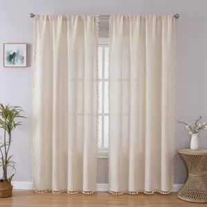 Joydeco Boho Linen Curtains - 2 Panel, Light Filtering, Farmhouse Style, Country Rustic Charm