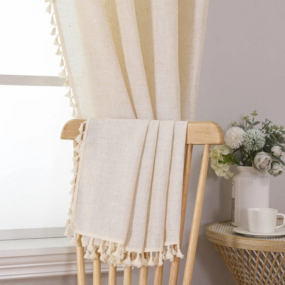 Joydeco Boho Linen Curtains - 2 Panel, Light Filtering, Farmhouse Style, Country Rustic Charm