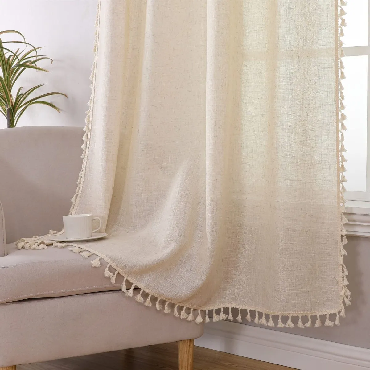 Joydeco Boho Linen Curtains - 2 Panel, Light Filtering, Farmhouse Style, Country Rustic Charm