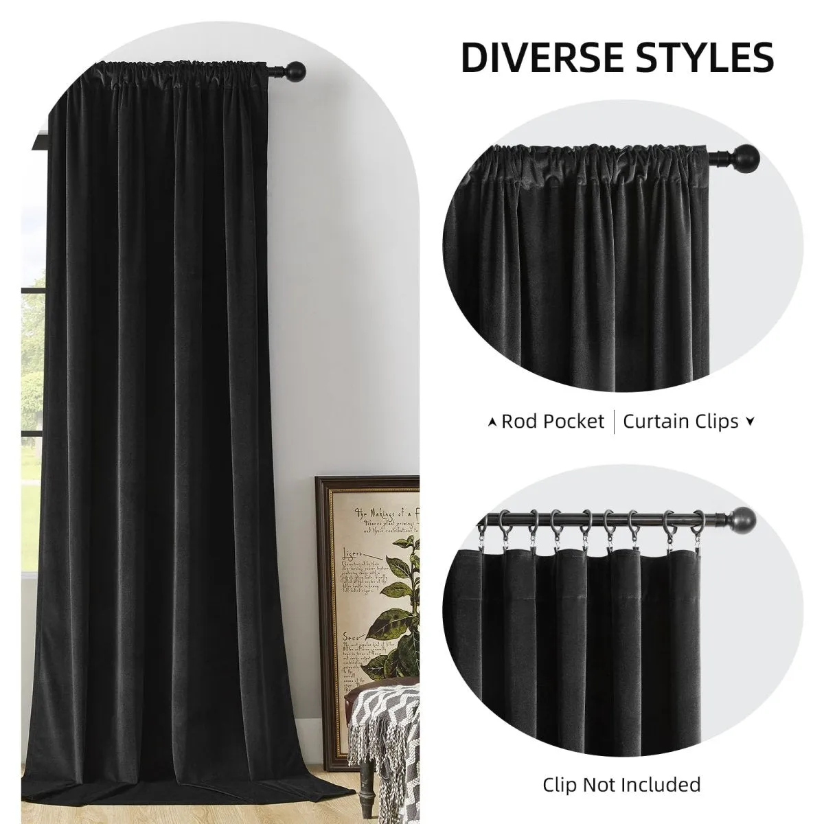 Joydeco Luxury Black Velvet Blackout Curtains - 2 Panels, Thermal Insulated, Rod Pocket, Super Soft