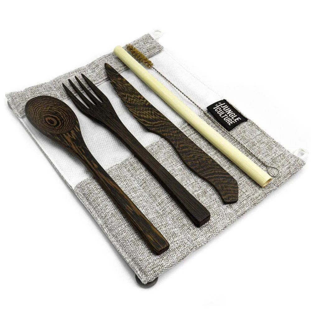 Jungle Culture - Reusable Eco friendly Cutlery Set - Plastic Free, Wooden: Dark Grey