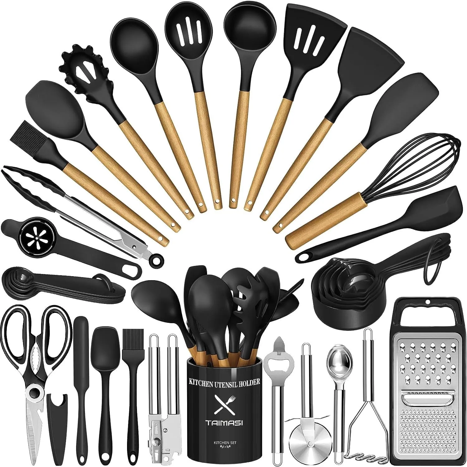 Kitchen Utensils Set- 34PCS Silicone Cooking Utensils with Holder, Heat Resistant Kitchen Utensil Spatula Set for Nonstick Cookware, Black Wooden Handles Kitchen Gadgets Tools Set