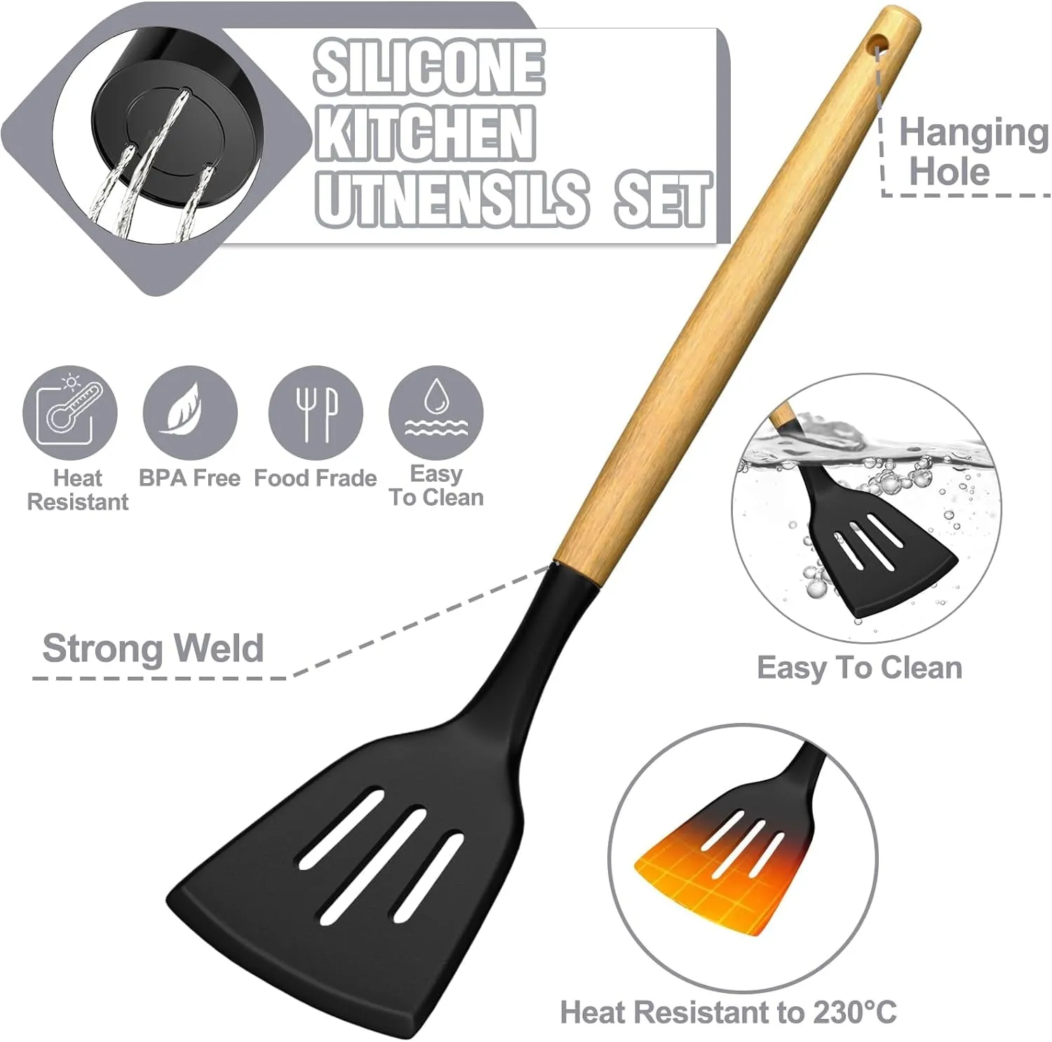 Kitchen Utensils Set- 34PCS Silicone Cooking Utensils with Holder, Heat Resistant Kitchen Utensil Spatula Set for Nonstick Cookware, Black Wooden Handles Kitchen Gadgets Tools Set