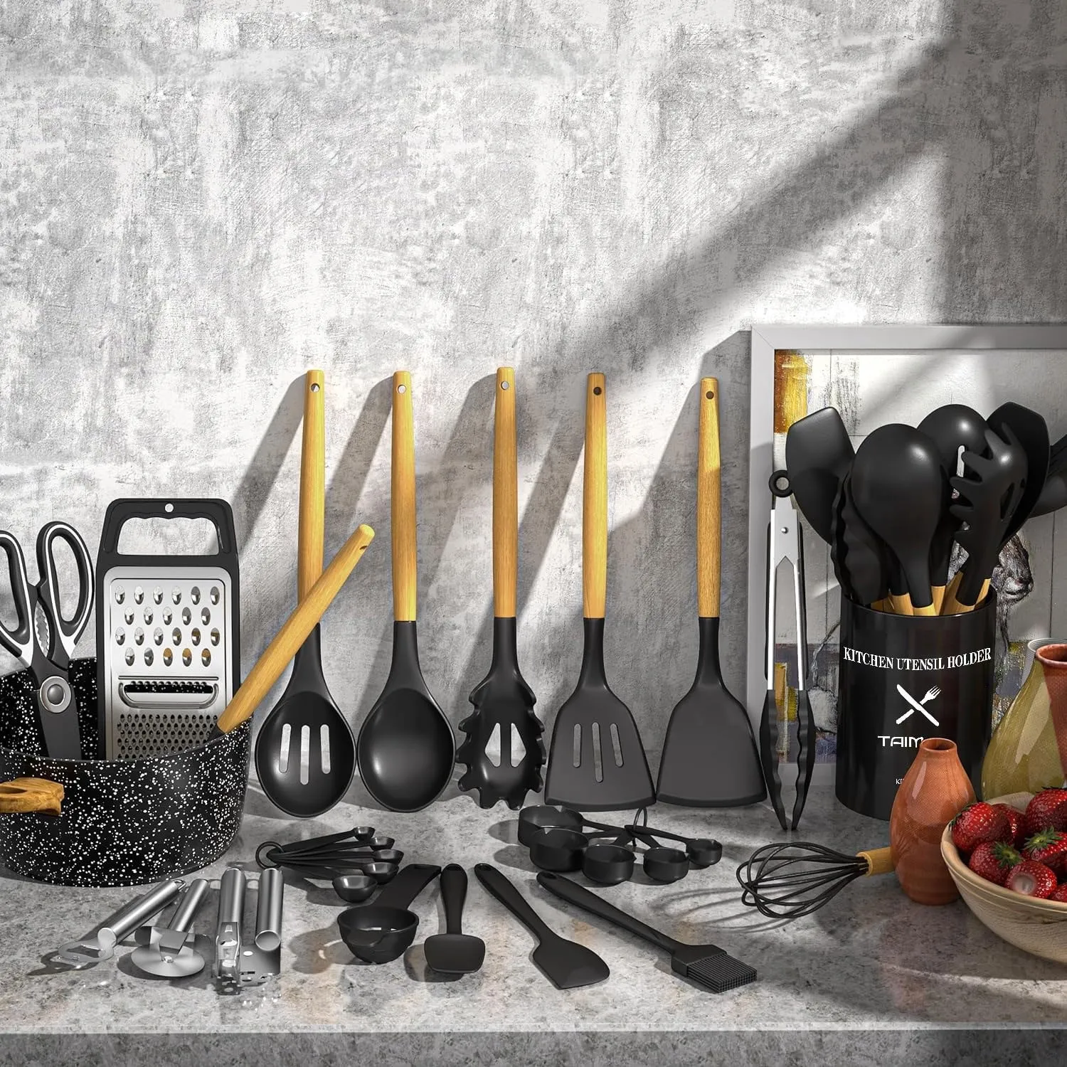 Kitchen Utensils Set- 34PCS Silicone Cooking Utensils with Holder, Heat Resistant Kitchen Utensil Spatula Set for Nonstick Cookware, Black Wooden Handles Kitchen Gadgets Tools Set