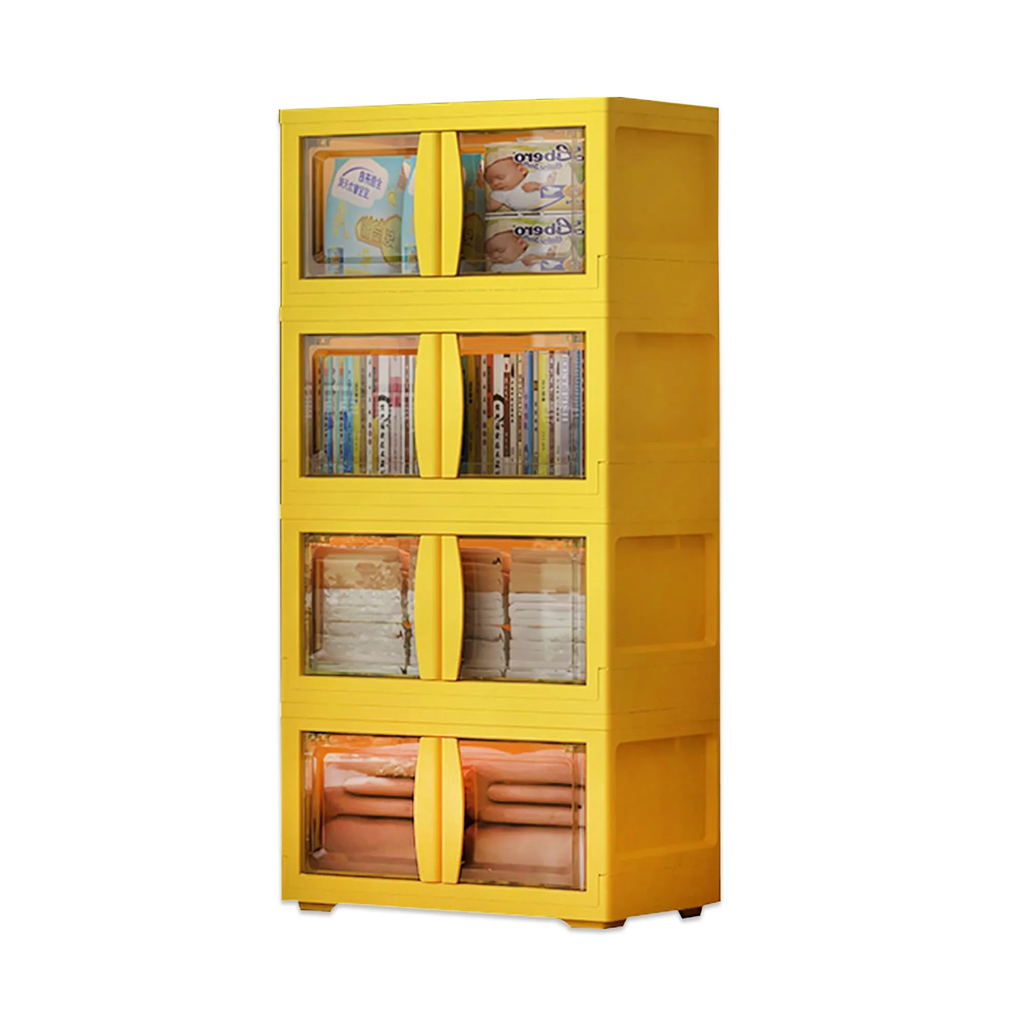 Kuber Industries (Set of 2) 4-Layer Double Door Almirah for Clothes - Collapsible & Foldable Dress Racks/Plastic Cupboard for Storage - Yellow