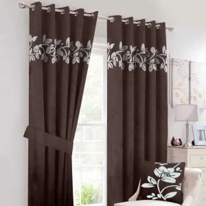 Luxury Floral Velvet Curtain - Dark Brown And Off White