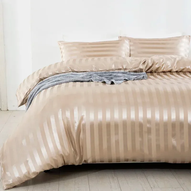 Luxury Satin Striped Duvet Cover Set with Zipper Closure & Pillow Cases